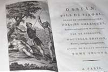 Image of the title page of the book 'Ossian' with an engraving on the left hand side.