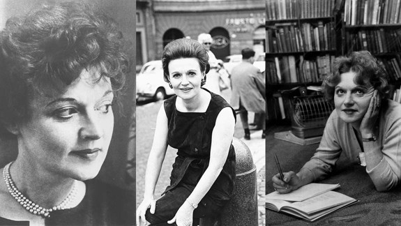 A collage of three black-and-white photographs of Muriel Spark. The left image shows her with curly hair wearing a pearl necklace. The center image features Muriel in a sleeveless dress sitting on an outdoor bench, with cars and buildings in the background. The right image shows Muriel writing in an open book at a desk, with bookshelves behind her.