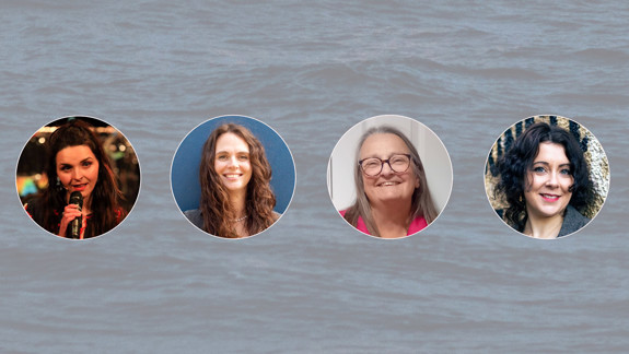 Headshot photos of Taylor Dyson, Lynne Campbell, Siobhan Tolland, and Erin Farley over a background of the River Tay.