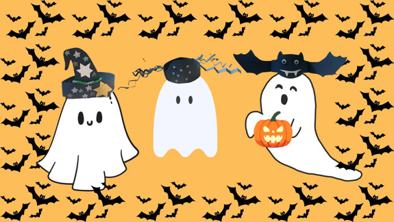 Three ghosts wearing handcrafted hats surrounded by bats.