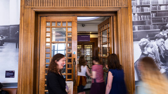 People walking into the General Reading Room at the National Library of Scotland.