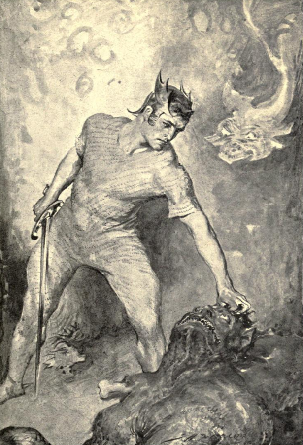An illustration of a man wearing a helmet and carrying a sword about to cut off the head of a mountain. There is a dragon in the background.