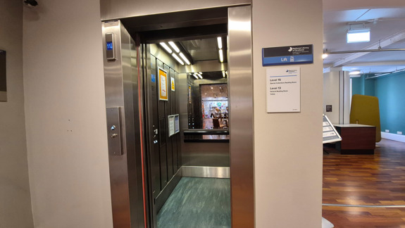 Inside the lift. Buttons are on the right-hand side.
