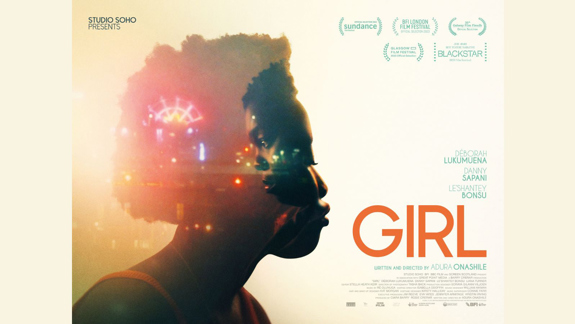Film poster for 'Girl' showing a black woman in profile with another person and fairground reflected in her face and awards.