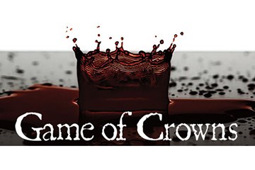 A pool of blood with it splashing up in the middle. There is a title in white across that says "Game of Crowns".