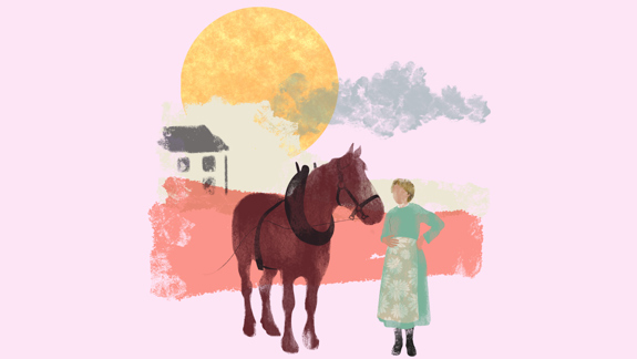 A stylized illustration of a person standing next to a brown horse with a black harness. The person is wearing a long floral-patterned dress and black boots. In the background, there is a large yellow sun, some clouds, and a small house in the distance.