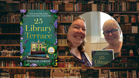 Bookshelves in the background. The bookcover of "5 Library terrace, and a photo of Ruth Boreham and Natalie Fergie.