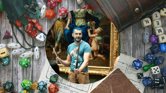 An image of a person with blue hair on top of an image of lots of Dungeons and Dragons dice on a table.