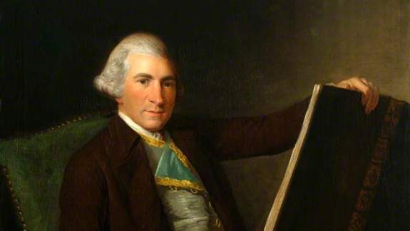 Painting of a white-haired person reading a large book in a green chair.