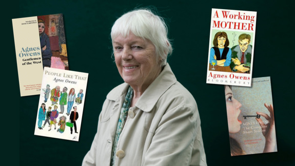A photo of Agnes Owens surrounded by book covers of books she has written including A Working Mother and People Like That.