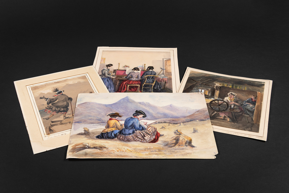 Four water colour paintings showing women doing various activities.