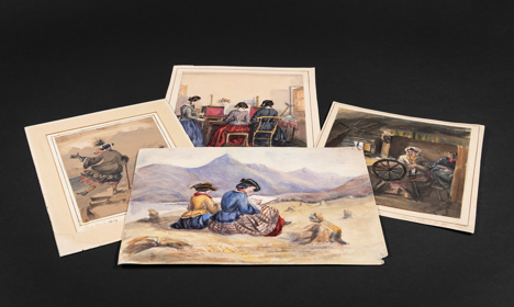 Four water colour paintings showing women doing various activities.