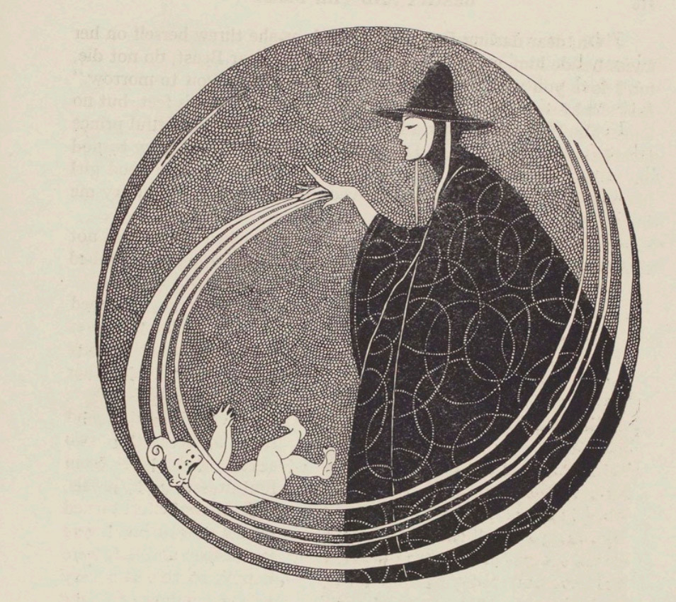Cloaked figure reaches toward floating infant in motion.
