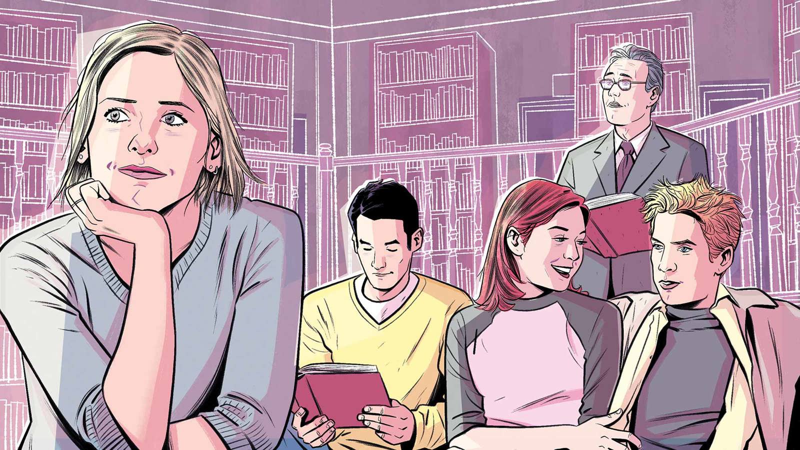 In a library, the character Buffy sits with her chin on her hand, with four of her friends sitting and standing behind her.