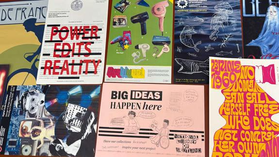 An arrangement of colourful posters of different styles.