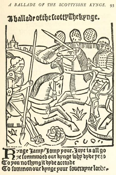 Black and white illustration titled showing a medieval battle scene with knights on horseback in combat. A poetic caption appears at the bottom.