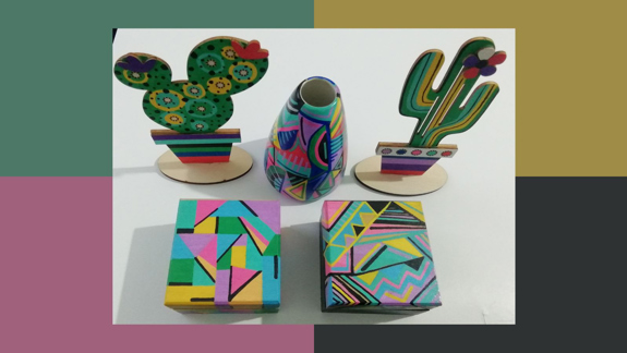 Several objects painted in bright patterns.