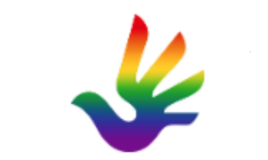 The LGBT Unity logo which is a handprint also in the shape of a bird in rainbow colours.