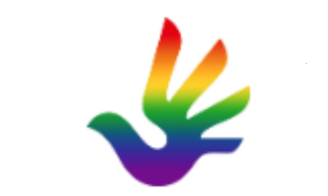 The LGBT Unity logo which is a handprint also in the shape of a bird in rainbow colours.