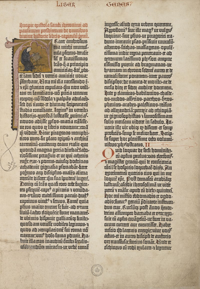 A photo of the first page of the Gutenberg Bible. It is in an old fashioned script and has an illustration of someone sitting at a desk writing in the top left corner.