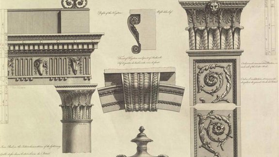 A collection of classical architectural illustrations, including columns, decorative elements, and handwritten notes.