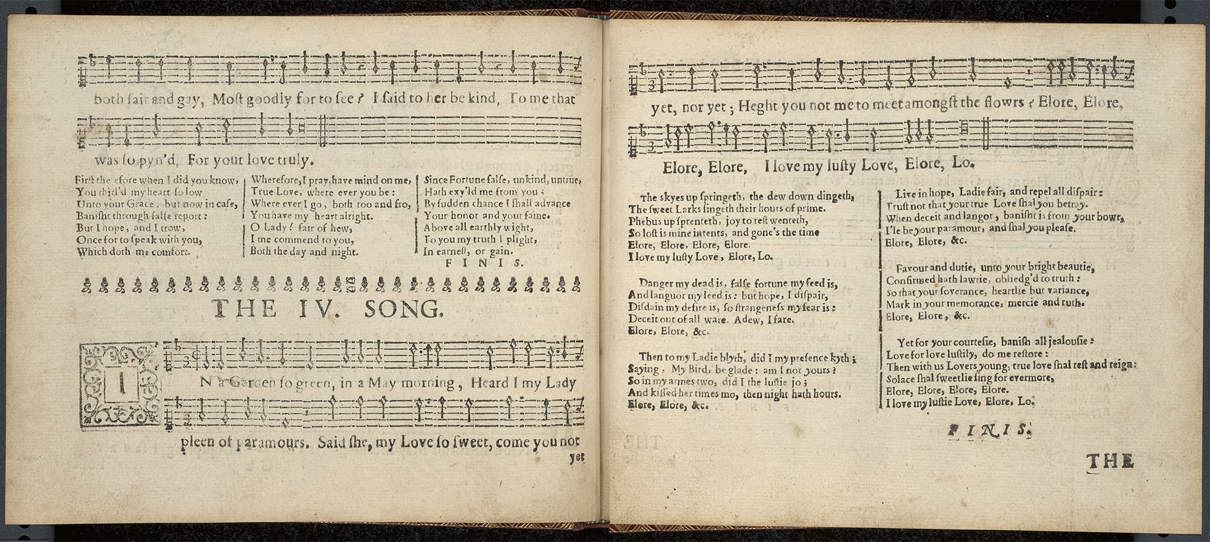 Two pages of musical notation and poetic lyrics, including verses about love, longing, and devotion, interwoven with themes of nature, hope, and romantic yearning.