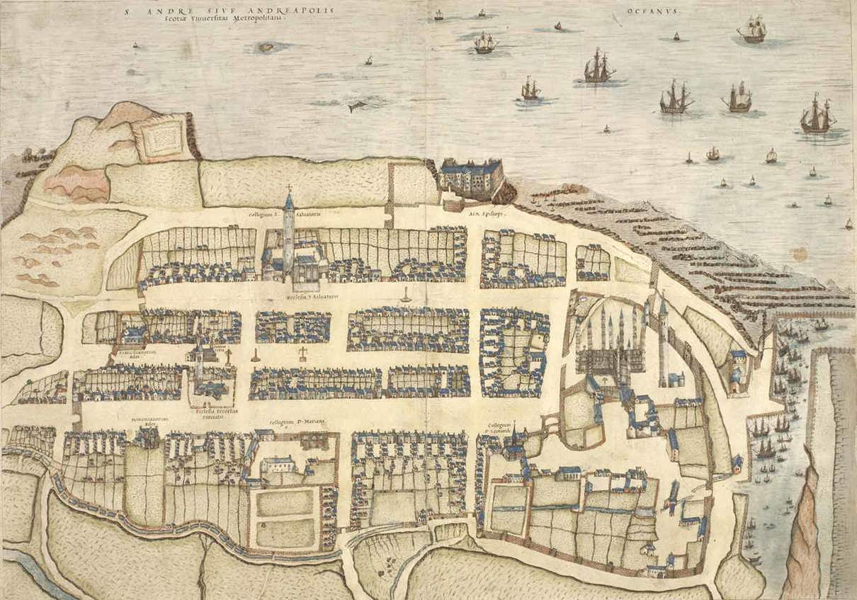 Historical map of St. Andrews with streets, buildings, and ships in the ocean.