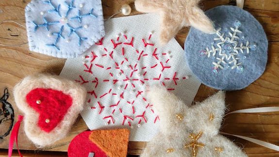 Felted and embroidered Christmas decorations.