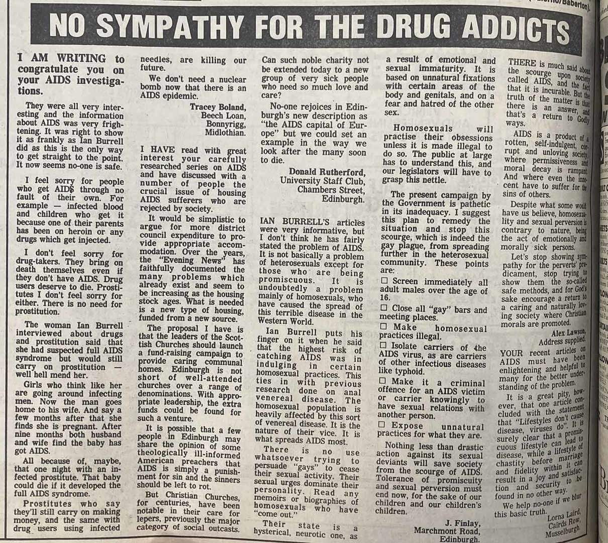A newspaper article titled 'NO SYMPATHY FOR THE DRUG ADDICTS' featuring multiple letters to the editor. The letters express critical and unsympathetic views toward drug users and homosexuals in the context of the AIDS crisis. Writers argue against public funding for treatment and express concern about the risks to the general population.