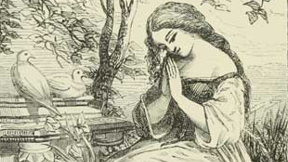 A long-haired person in a dress sits outdoors with clasped hands; birds and trees surround them in a peaceful, contemplative scene.