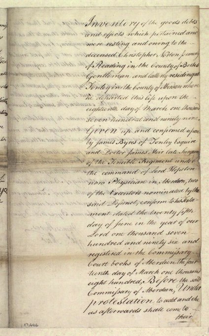 A handwritten legal document on aged paper, written in neat cursive script, detailing an inventory of goods and estate matters, with text running down the full length of the page.