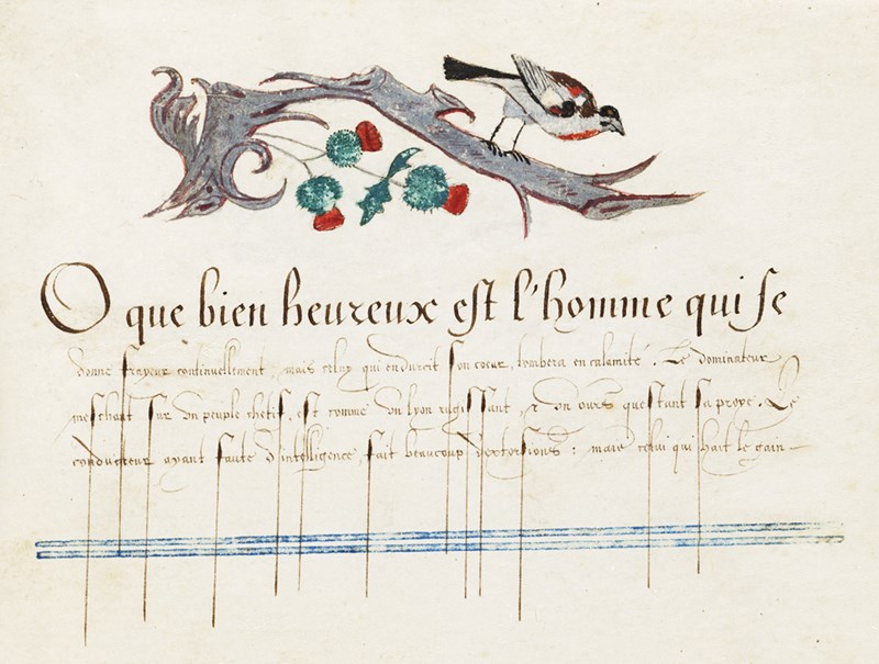 A painting of a bird on a branch with handwritten text in French underneath.