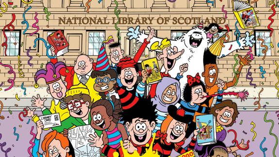 Beano characters outside of the National Library of Scotland.