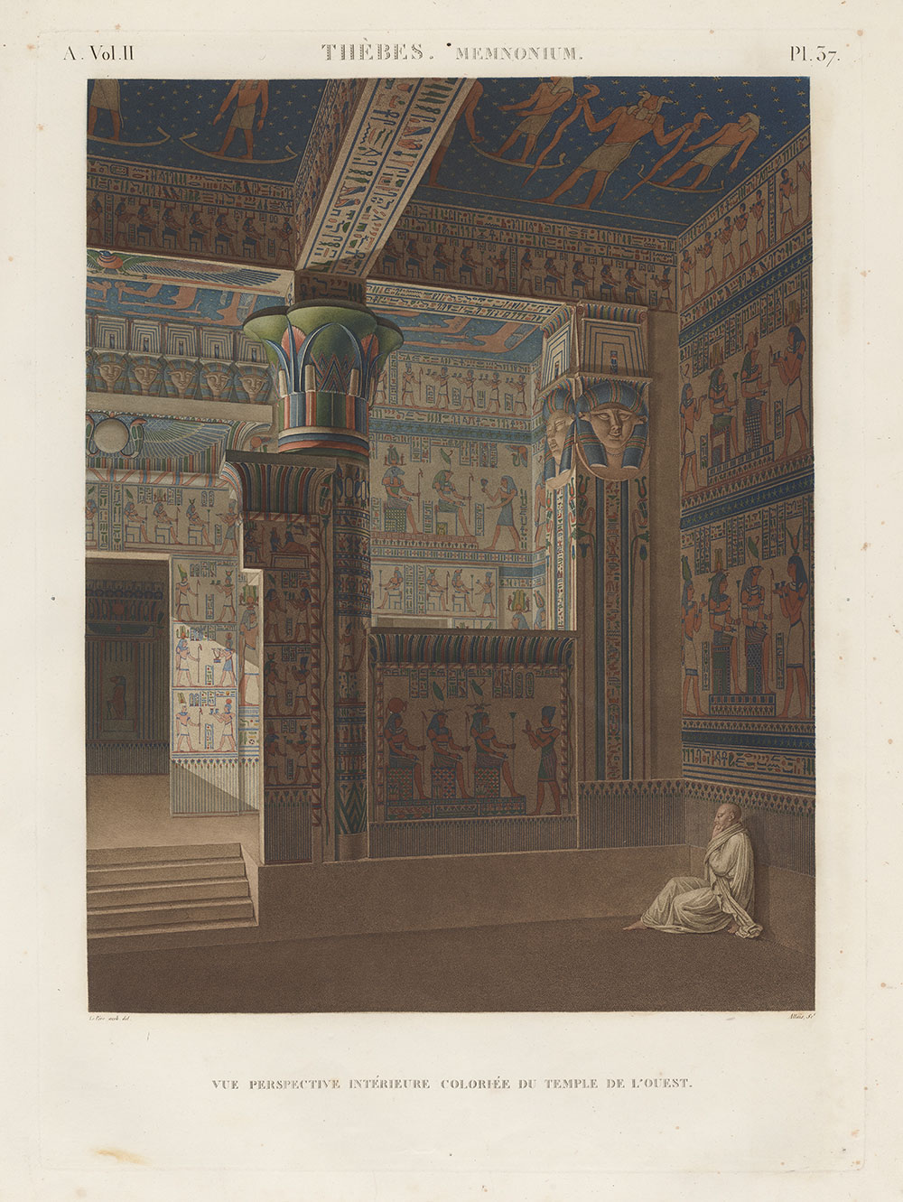 Coloured illustration of an ornate temple interior with painted columns, hieroglyph-covered walls, carved figures and a seated figure in the foreground.