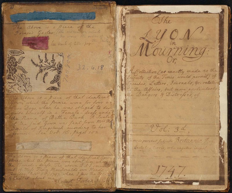 A bound manuscript with some cloth fragments. On the right is the title: 'The Lyon in Mourning'.