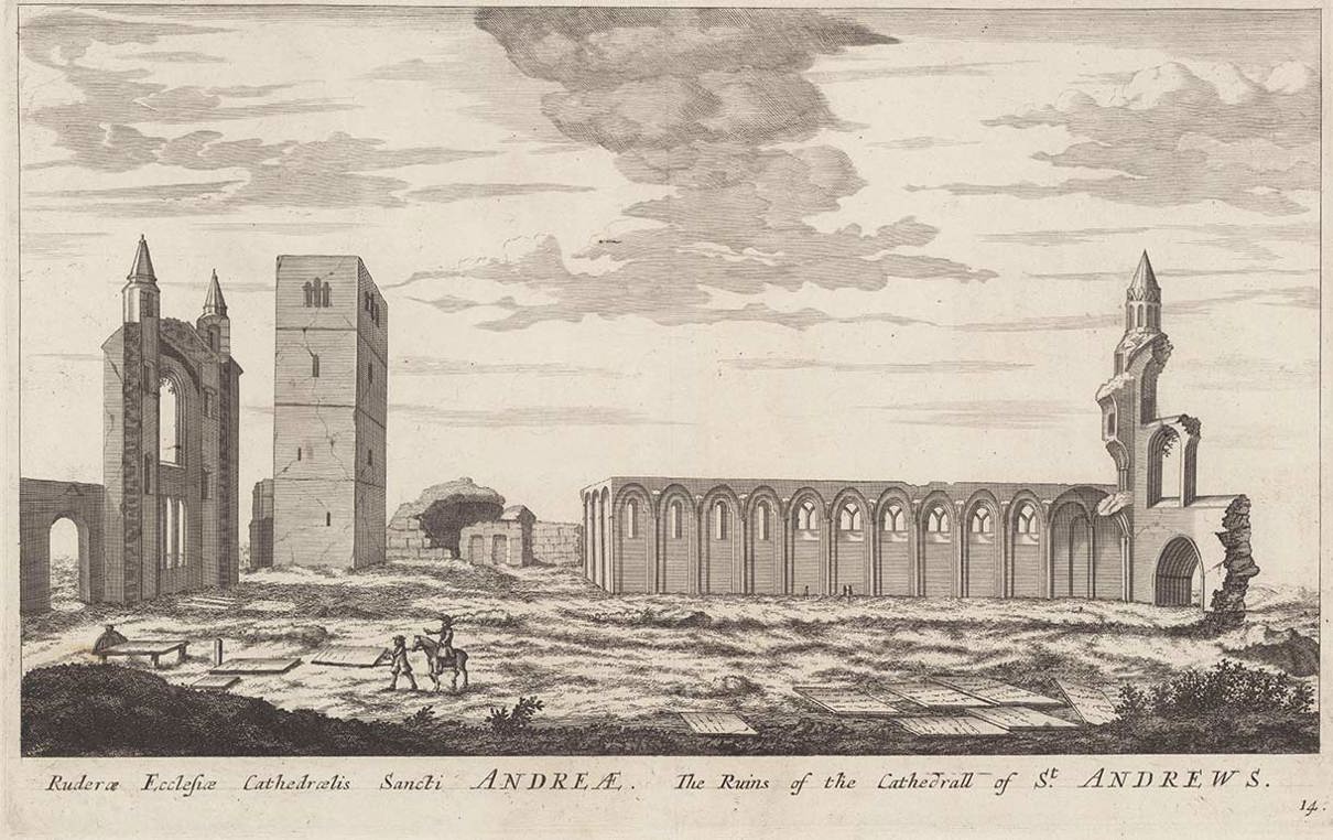 A detailed monochrome engraving showing the ruins of St Andrews Cathedral, with crumbling stone walls, tall towers, and a long arched structure set in an open landscape with small figures walking nearby under a cloudy sky.