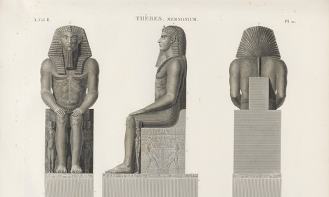 Engraved plate showing front, side and rear views of a large, seated statue on a pedestal decorated with hieroglyphs and carved figures.