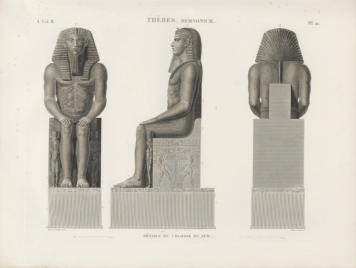 Engraved plate showing front, side and rear views of a large, seated statue on a pedestal decorated with hieroglyphs and carved figures.
