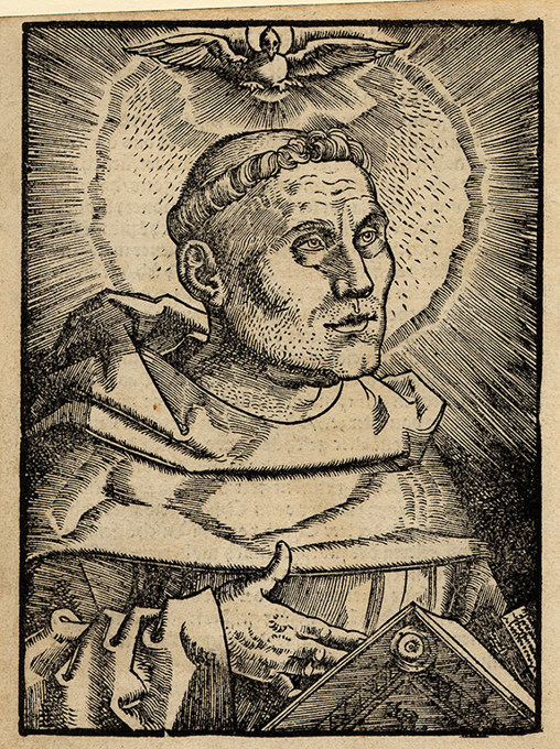 Illustration of a man facing right, holding a bible to which he is pointing with his right hand. Wearing a monk's habit and tonsure, behind him a large halo emitting rays and above him the Holy Spirit as a dove.