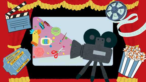 A cartoon film camera projecting craft supplies.
