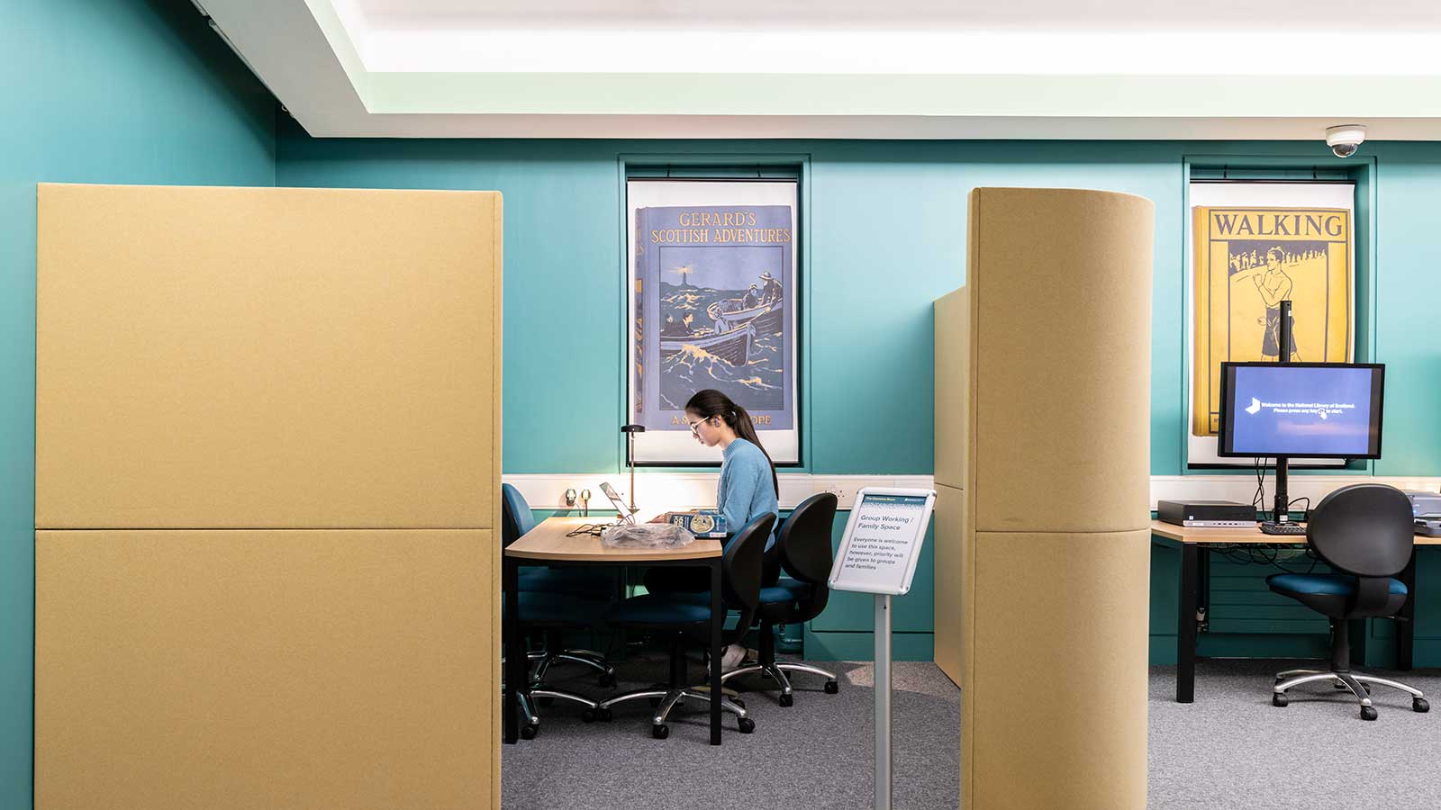 A woman studies at a desk in a sectioned study area