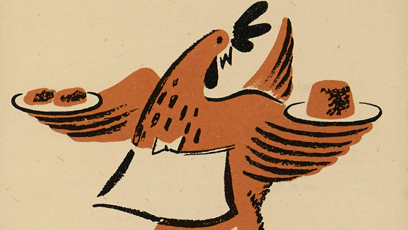 A stylised illustration of a chicken with wings extended, holding two plates. The left plate has two round food items, and the right plate has one.