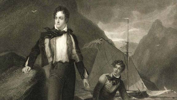 Two individuals in historical attire stand near a body of water with a sailboat in the background. The setting includes steep cliffs and a cloudy sky, suggesting a mountainous landscape.