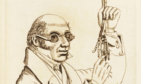 A caricature of Dr Robert Knox holding up the bones of an arm and hand.