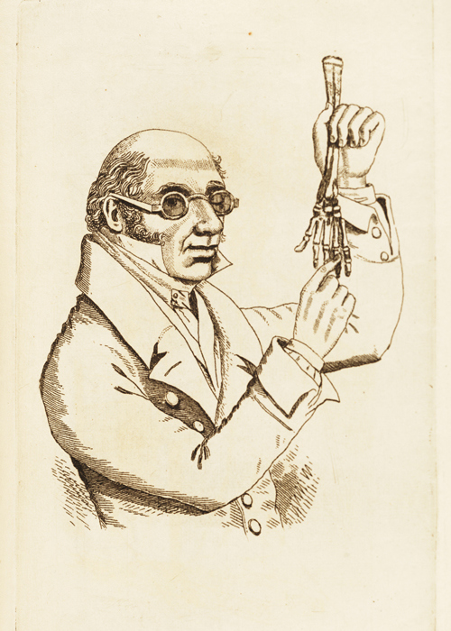A caricature of Dr Robert Knox holding up the bones of an arm and hand.