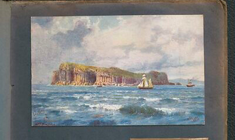 Two old photos of people travelling in Scotland and a painting of the sea and cliffs.