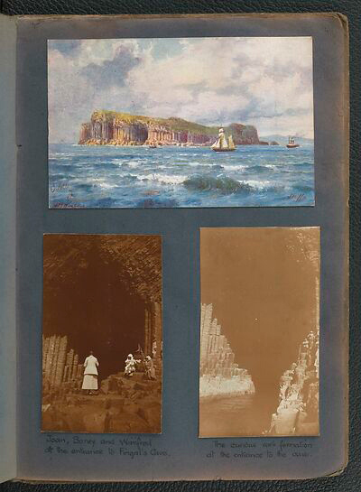 Two old photos of people travelling in Scotland and a painting of the sea and cliffs.