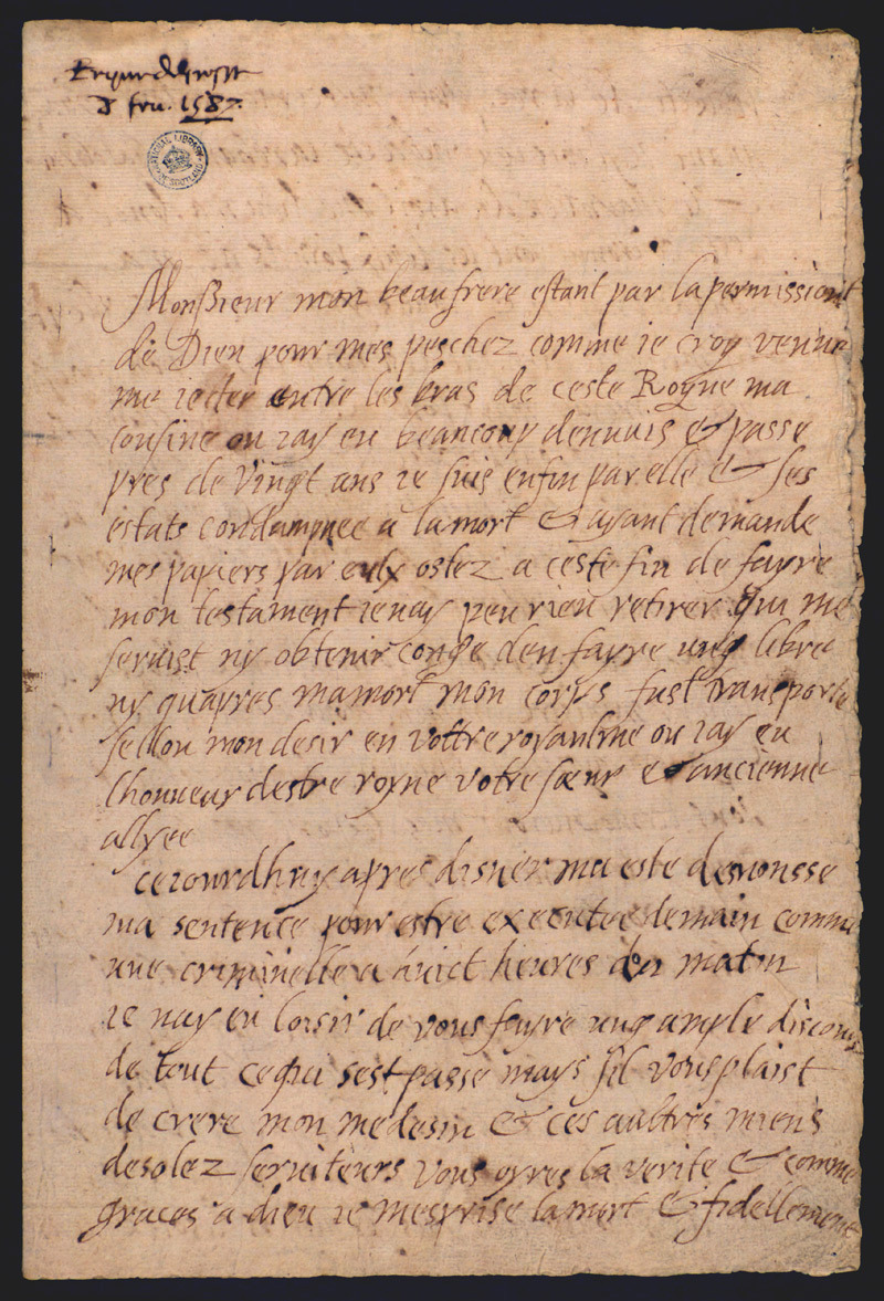 First page of Mary Queen of Scots' last letter.