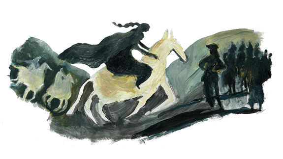 A painting of a person riding a horse towards a group of people.