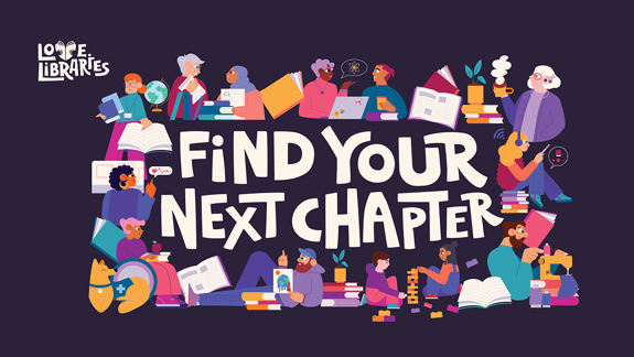 An illustrated poster with figures around the edge and words in the middle that read "Find your next chapter".